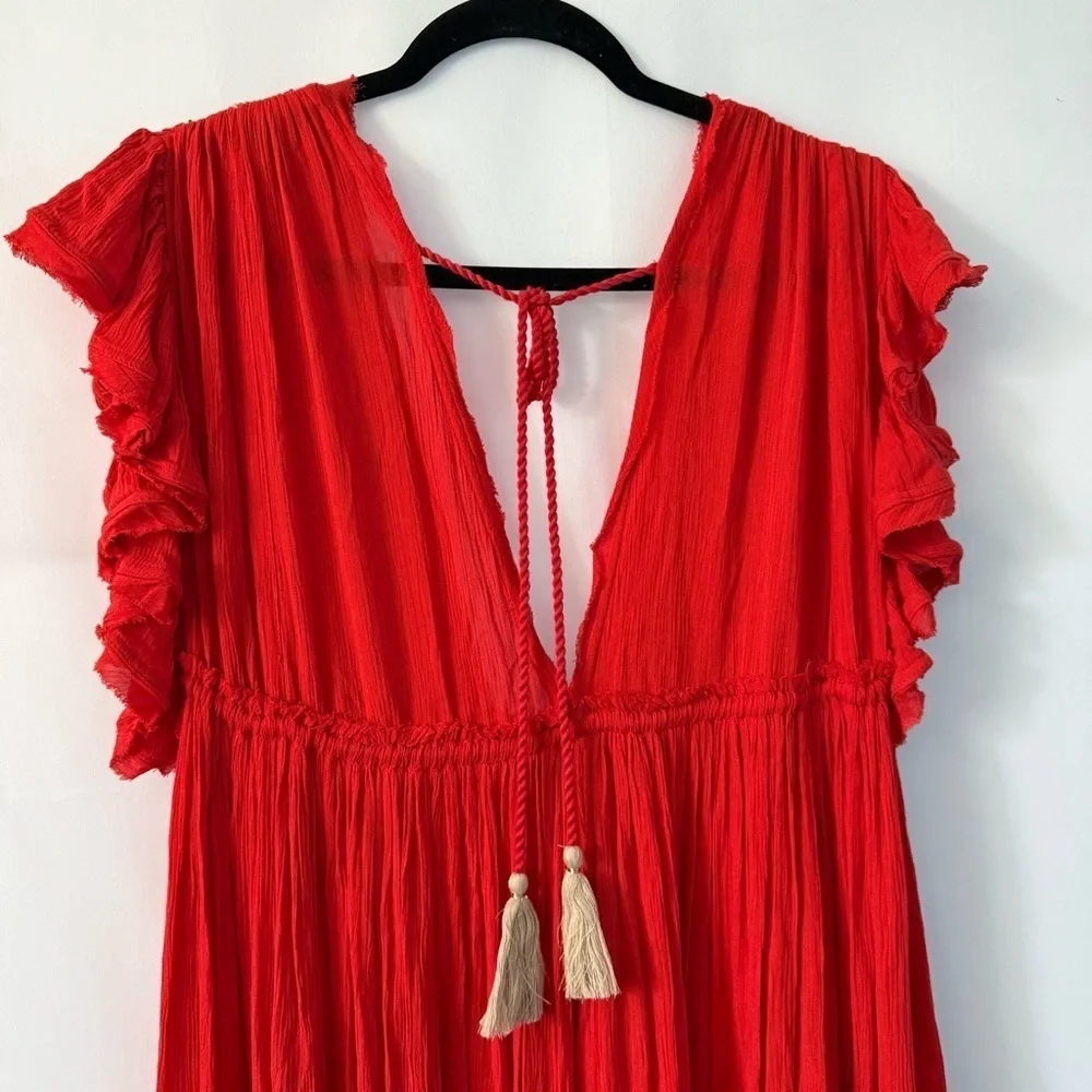 Free People Bali Will Wait For You Boho V Neck Midi Dress Red Embroidered Size S